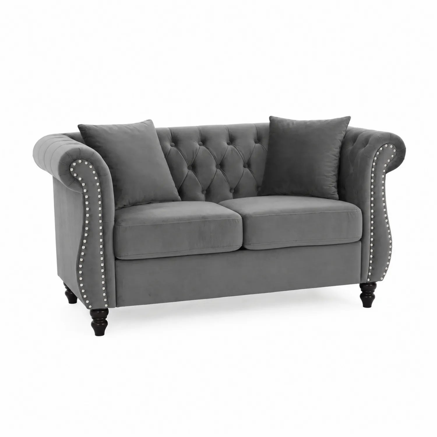 Szara aksamitna sofa dwuosobowa z kryształkami