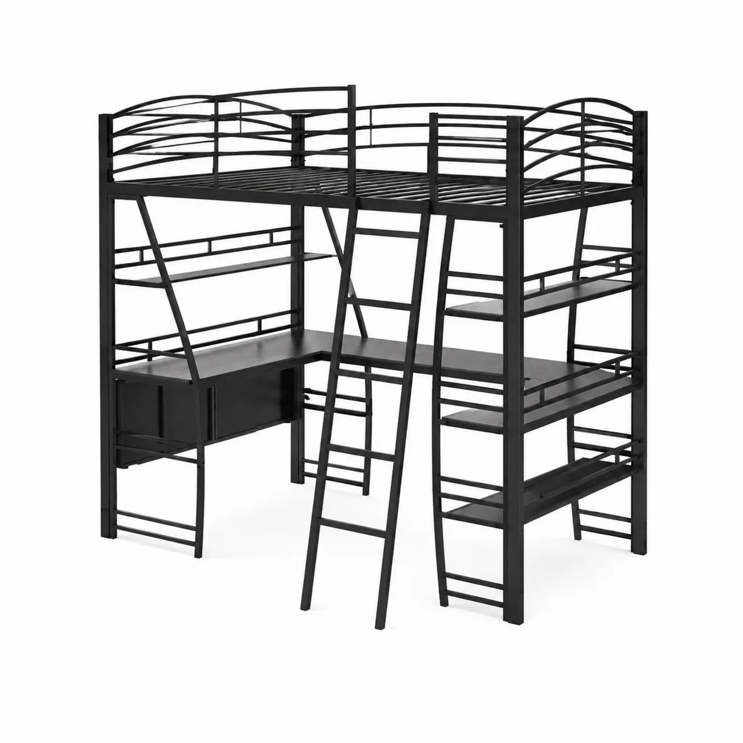 Metalowe łóżko piętrowe z biurkiem i półkami czarne 200x90 cm